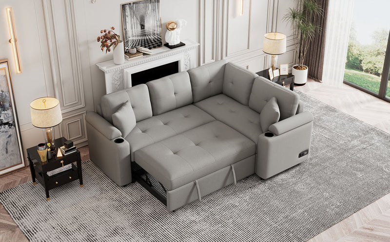 L - Shape Sofa Bed Pull-Out Sleeper Sofa With Wheels, USB Ports, Power Sockets For Living Room, Grey