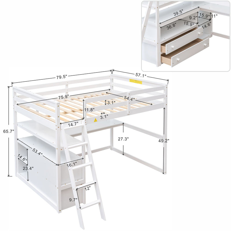 Full Size Loft Bed With Desk And Shelves, Two Built-In Drawers, White