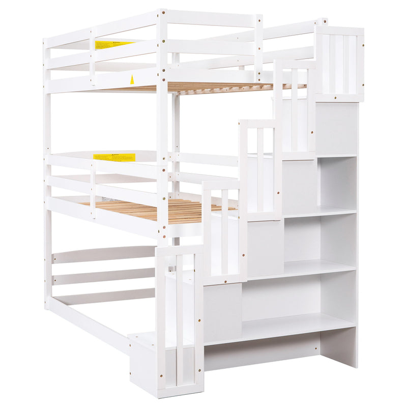 Twin Size Triple Bunk Bed With Storage Staircase, Separate Design, White