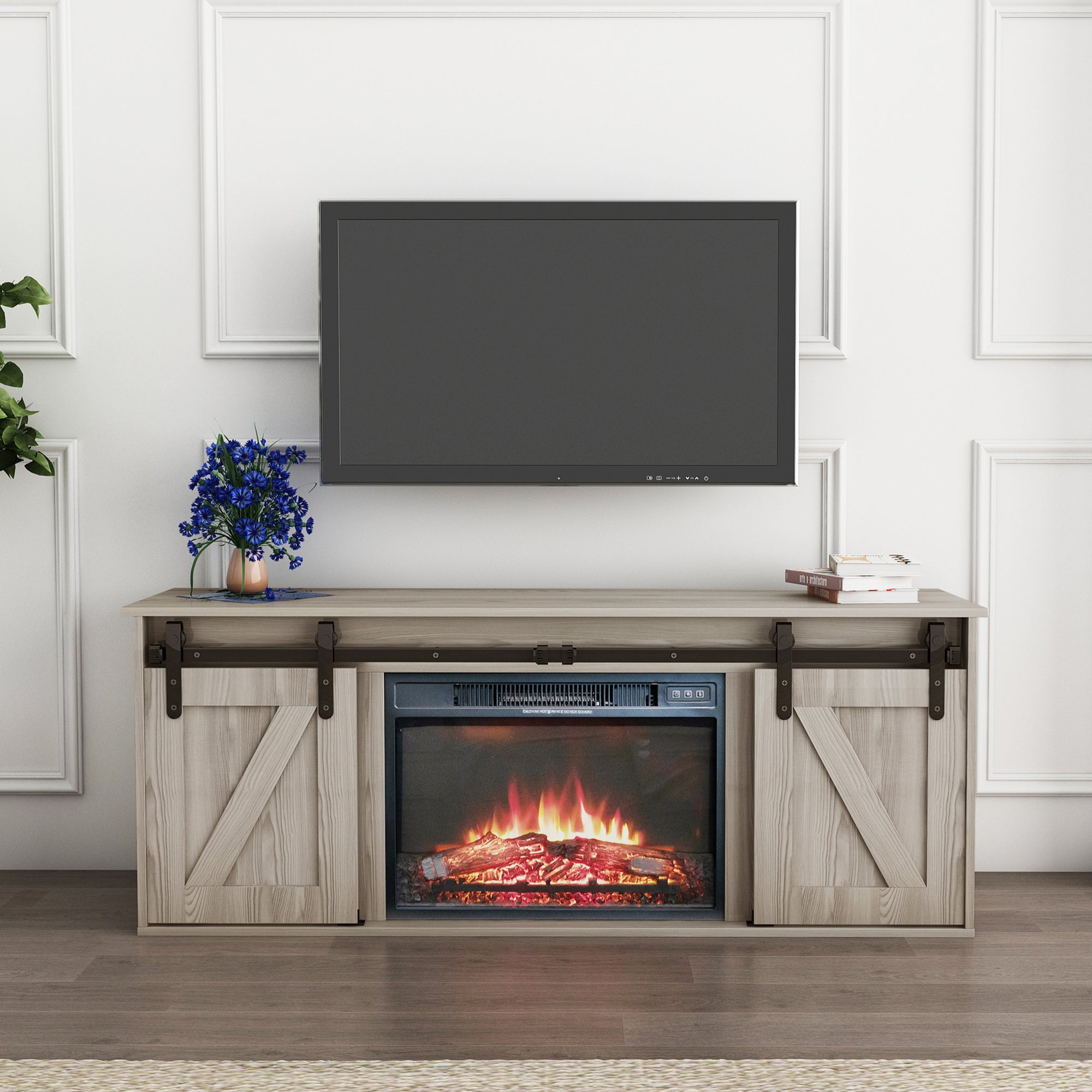 The television cabinet with an electronic fireplace，with Farmhouse Sliding Barn Door ,for TV up to 65 Inch Flat Screen MediaConsoleTable StorageCabinetWood Entertainment CenterSturdycolour：Washed Gray - Atlantic Fine Furniture Inc