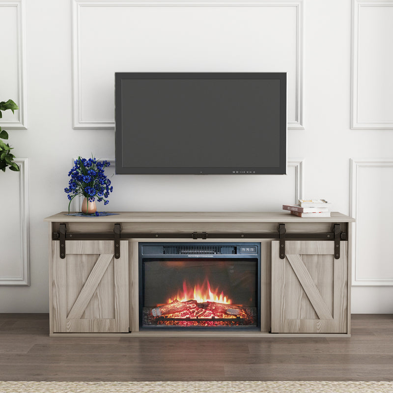 The television cabinet with an electronic fireplace，with Farmhouse Sliding Barn Door ,for TV up to 65 Inch Flat Screen MediaConsoleTable StorageCabinetWood Entertainment CenterSturdycolour：Washed Gray