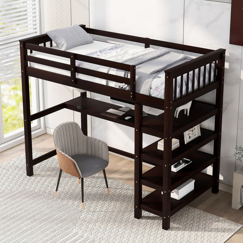 Twin Size Loft Bed With Storage Shelves And Under - Bed Desk, Espresso