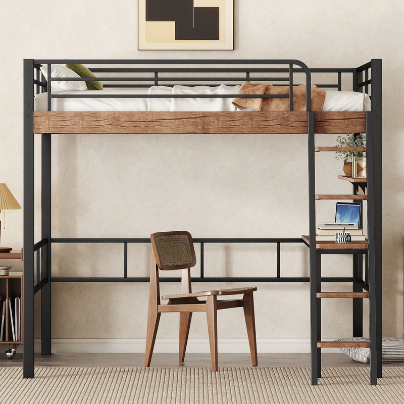 Metal Full Size Loft Bed With Built - In Desk, Storage Shelf And Ladder, Black