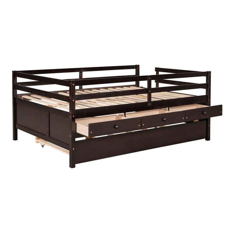 Low Loft Bed Full Size With Full Safety Fence, Climbing Ladder, Storage Drawers And Trundle Espresso Solid Wood Bed