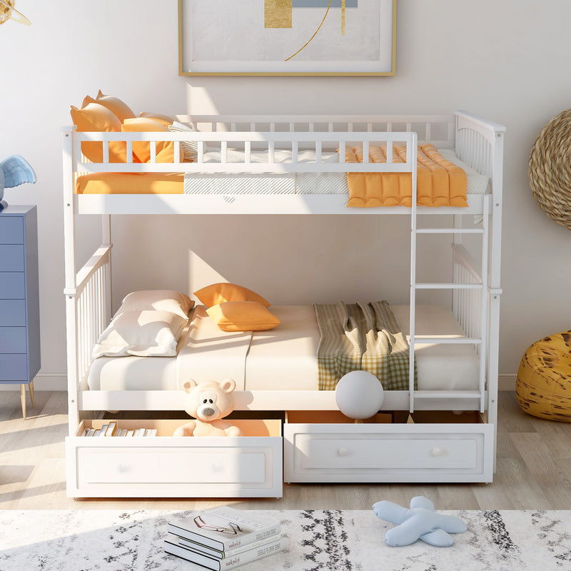 Full Over Full Bunk Bed With Drawers, Convertible Beds - White
