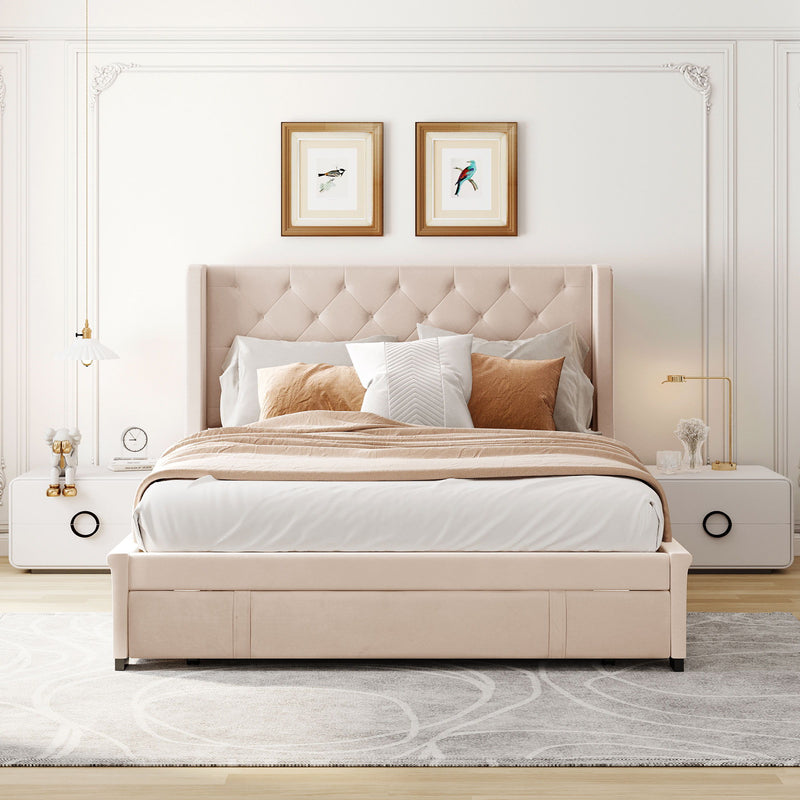 Queen Size Storage Bed Velvet Upholstered Platform Bed With Wingback Headboard And A Big Drawer (Beige)