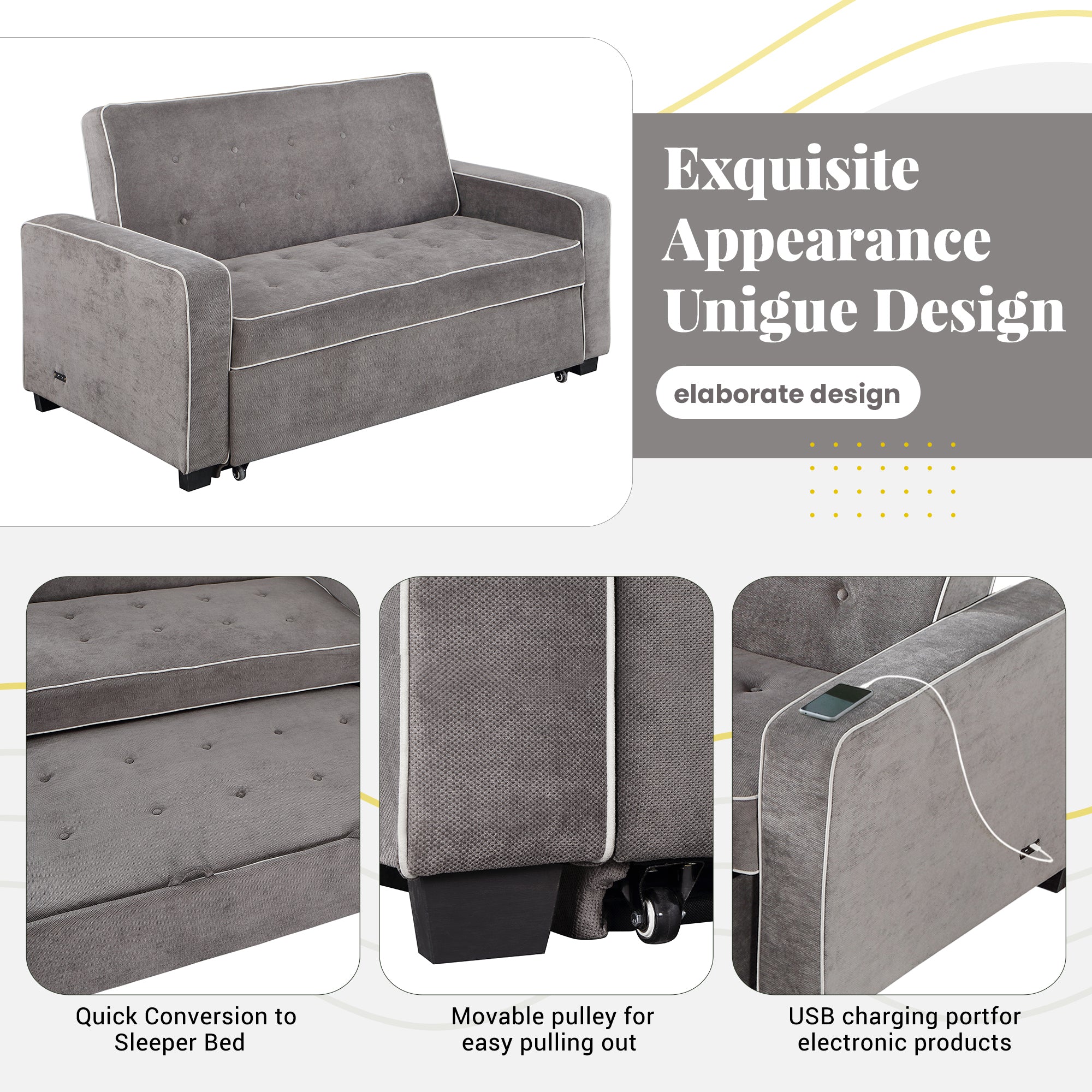 Orisfur. 66" Convertible Sleeper Bed, Adjustable Loveseat Couch with Dual USB Ports for Living Room Space - Atlantic Fine Furniture Inc