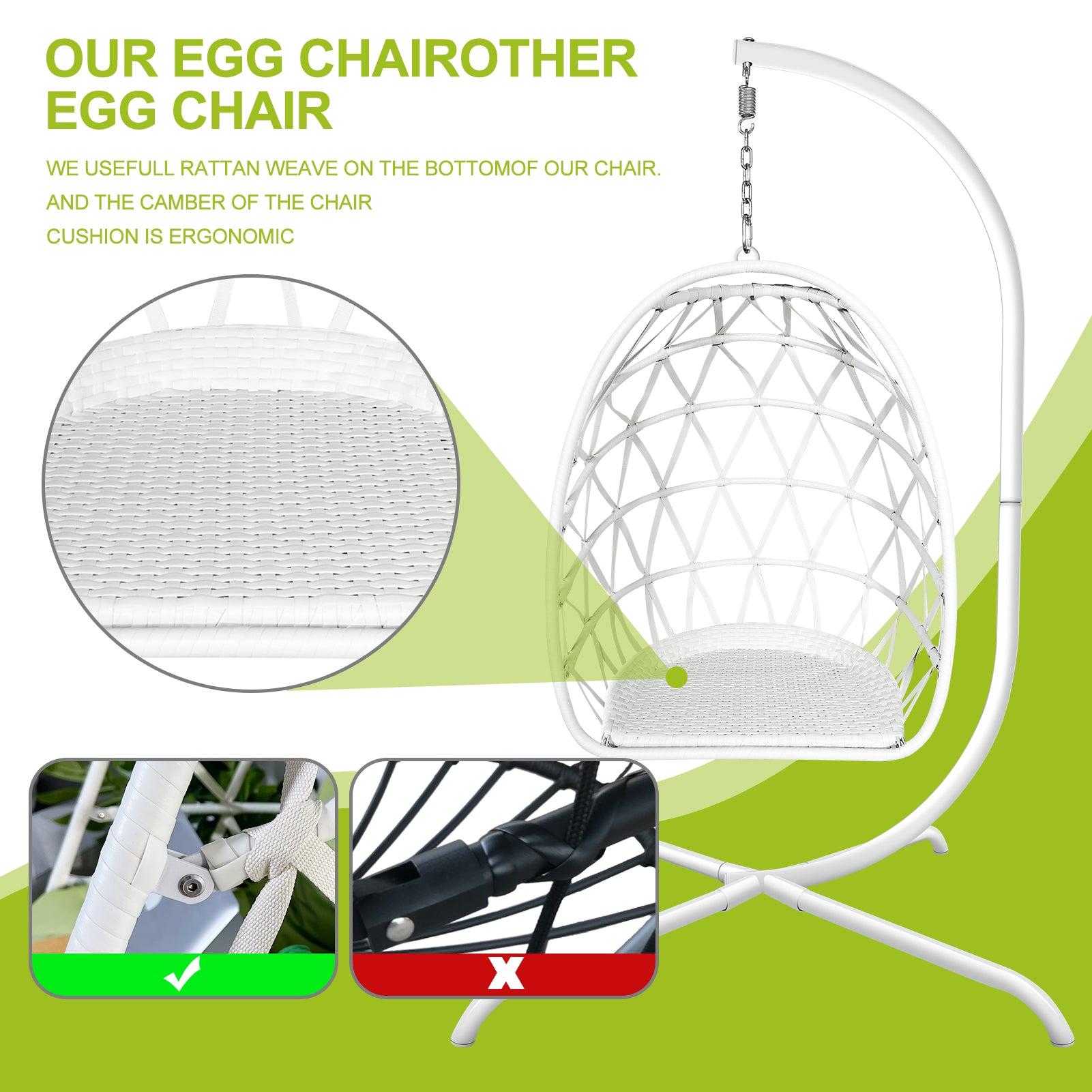 Swing Egg Chair with Stand Indoor Outdoor Wicker Rattan Patio Basket Hanging Chair with C Type bracket , with cushion and pillow,Patio Wicker folding Hanging Chair - Atlantic Fine Furniture Inc