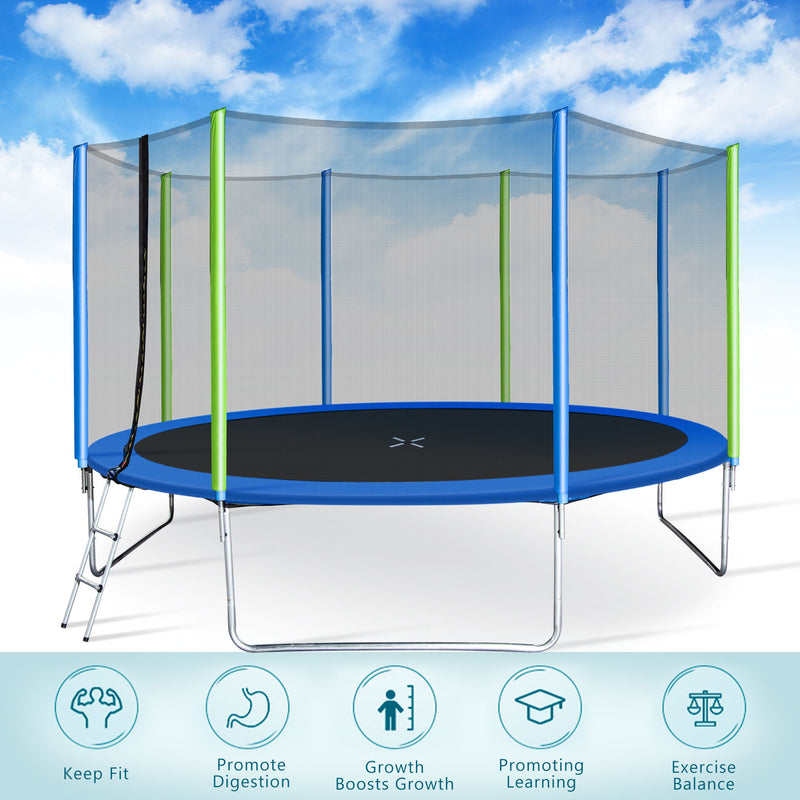 14FT Trampoline For Kids With Safety Enclosure Net - Ladder And 8 Wind Stakes - Round Outdoor Recreational Trampoline