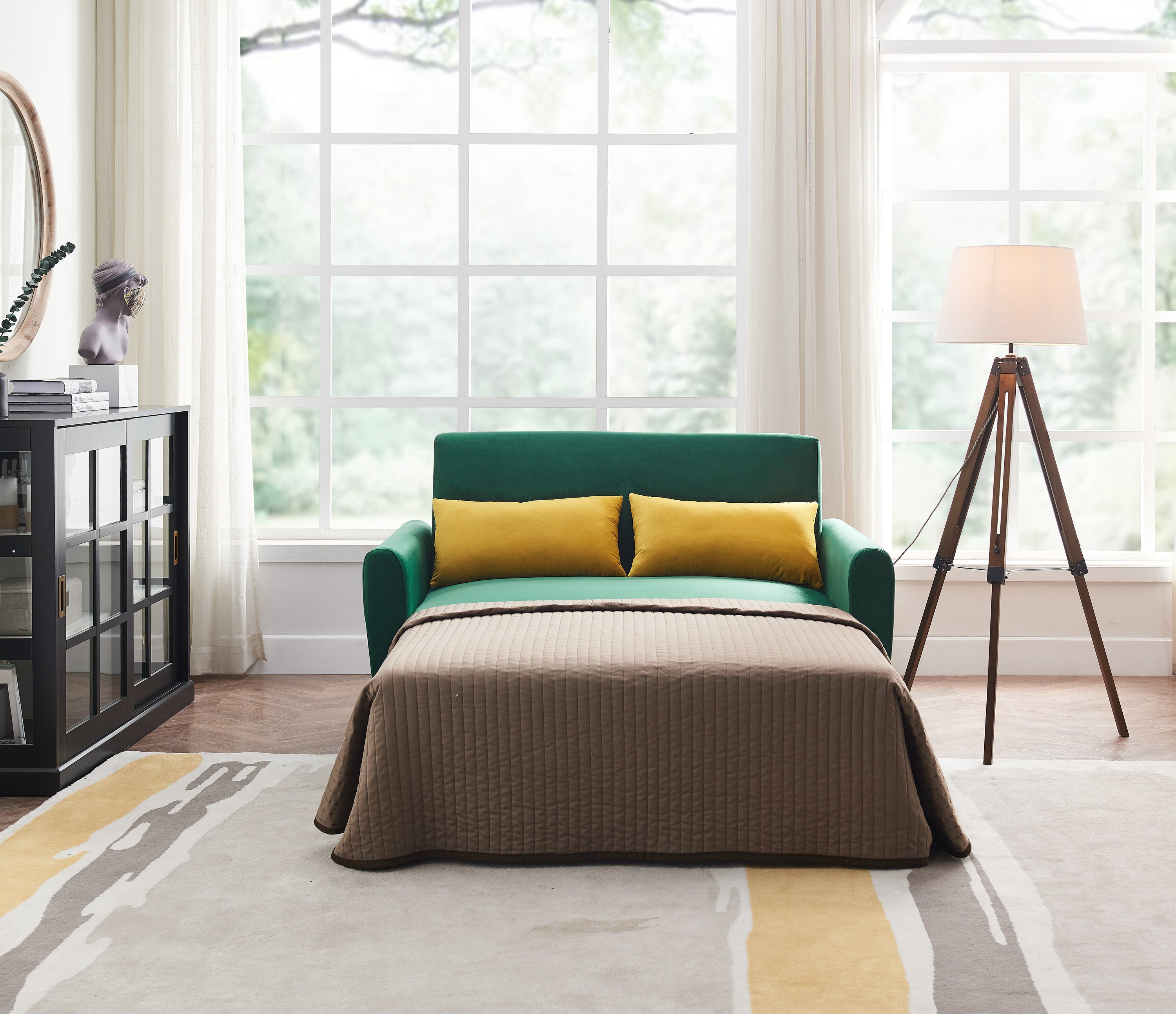 [VIDEO provided]55" Modern Velvet Sofa with Pull-Out Sleeper Bed with 2 Pillows Adjustable Backrest for Small Spaces Green - Atlantic Fine Furniture Inc