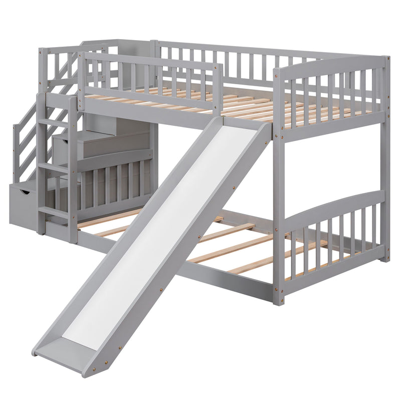 Stairway Twin Over Twin Bunk Bed With Two Drawers And Slide - Gray
