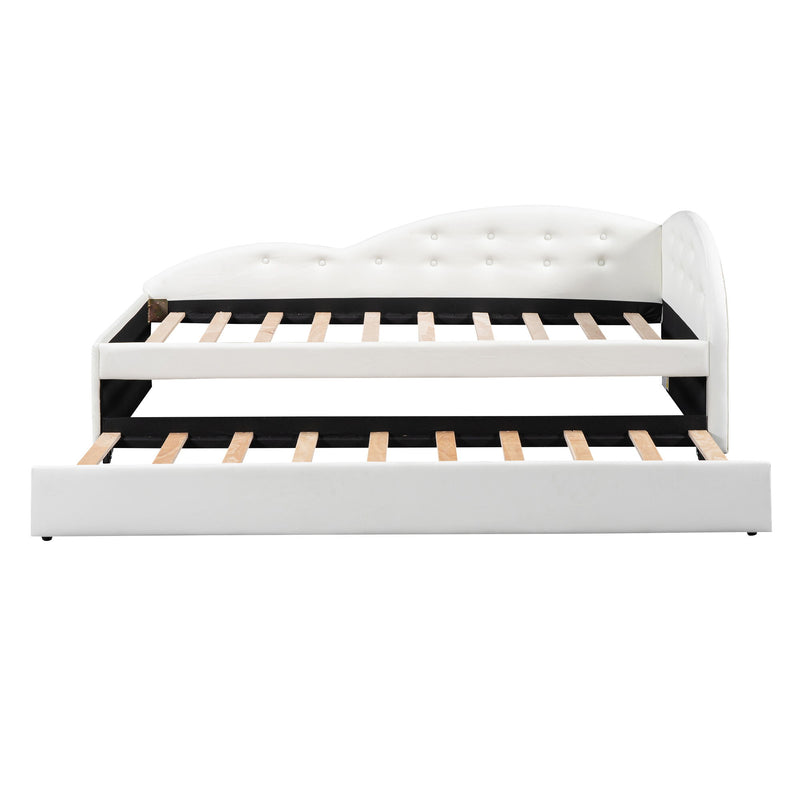 Twin Size PU Upholstered Tufted Daybed With Trundle And Cloud Shaped Guardrail, White