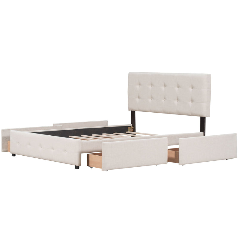 Upholstered Platform Bed With Classic Headboard And 4 Drawers, No Box Spring Needed, Linen Fabric, Queen Size Beige