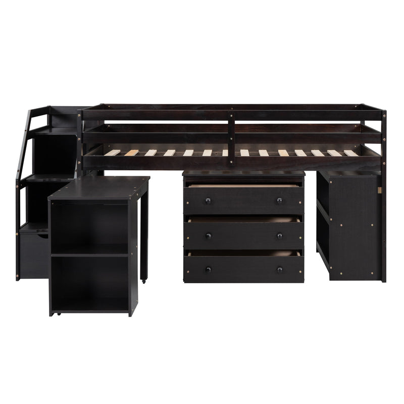 Twin Size Loft Bed With Retractable Writing Desk And 3 Drawers, Wooden Loft Bed With Storage Stairs And Shelves, Espresso