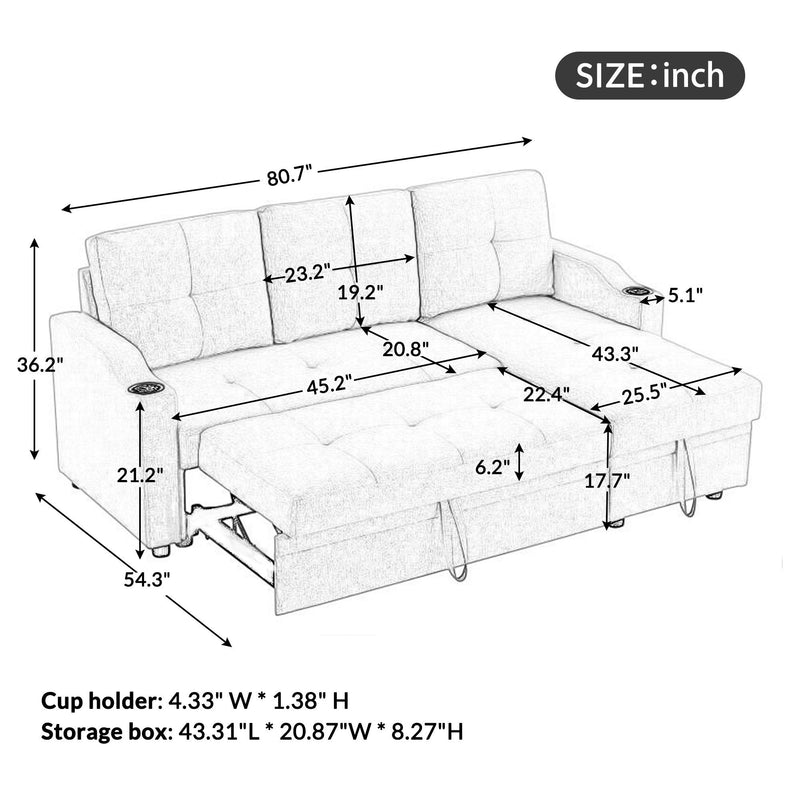Orisfur. 81" Sleeper Sofa Bed Reversible Sectional Couch with Storage Chaise and Two Cup Holders for Living Room Furniture Set