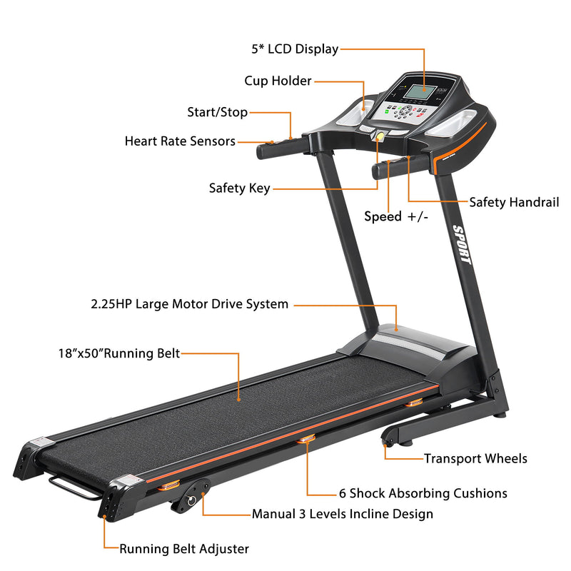 Folding Electric Treadmill Motorized Running Machine With Manual Incline And Hydraulic Rod Mechanism