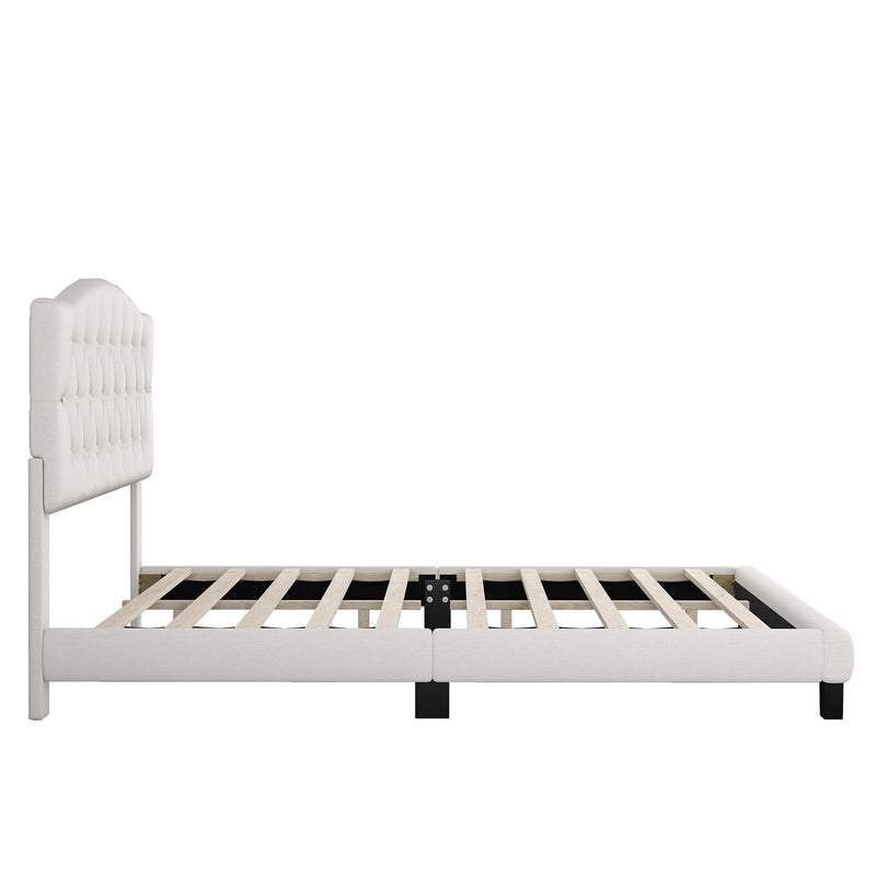 Upholstered Platform Bed With Saddle Curved Headboard And Diamond Tufted Details, Queen, Beige