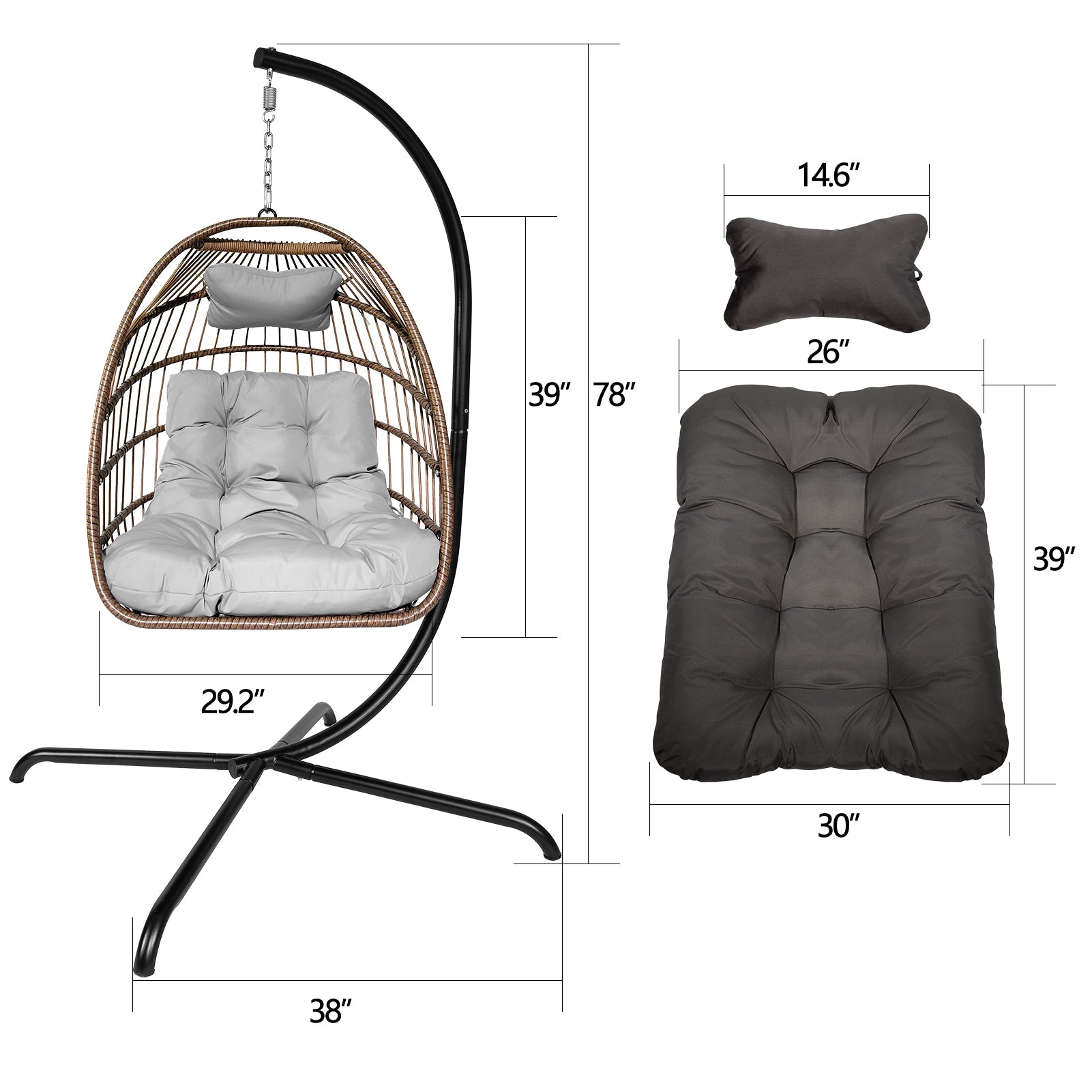 Swing Egg Chair with Stand Indoor Outdoor Wicker Rattan Patio Basket Hanging Chair with C Type bracket , with cushion and pillow,Patio Wicker folding Hanging Chair - Atlantic Fine Furniture Inc