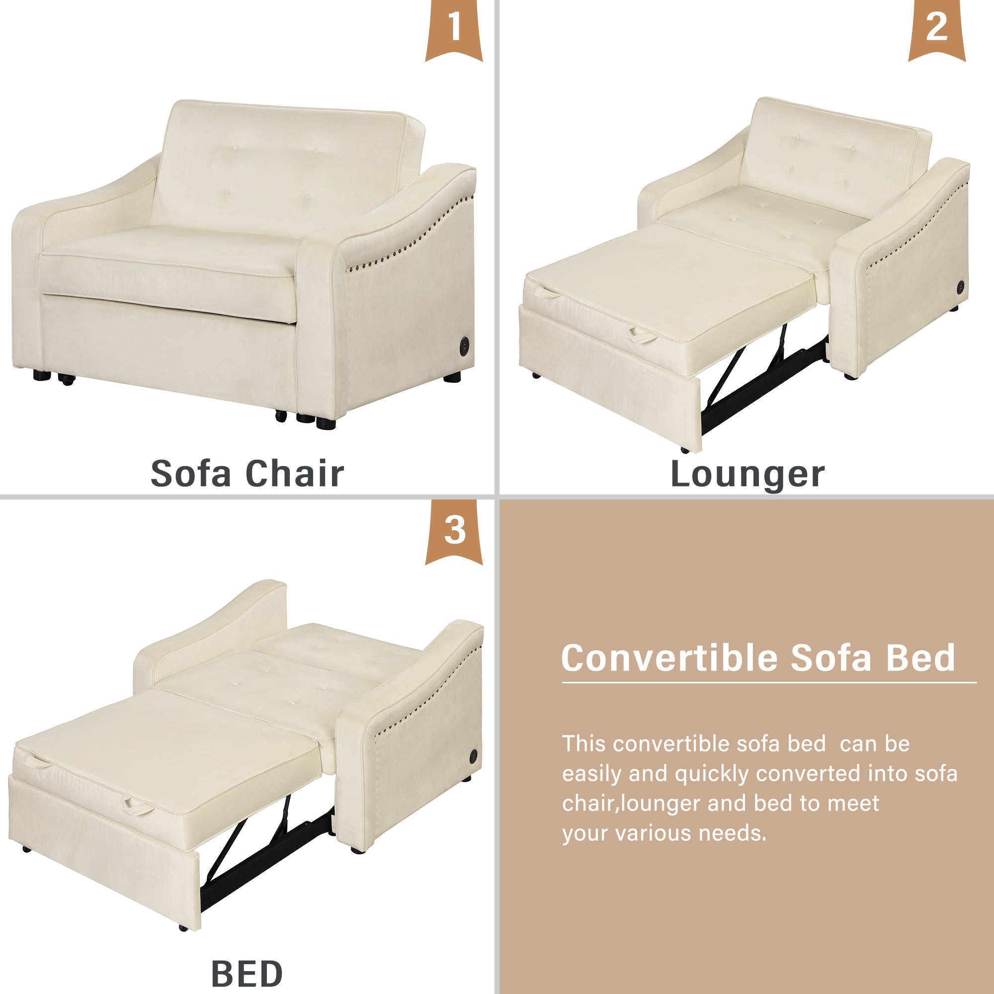 Orisfur. 50.6" Convertible Sleeper Bed, Adjustable Sofa Couch with Dual USB Ports for Living Room Space（Cream White） - Atlantic Fine Furniture Inc