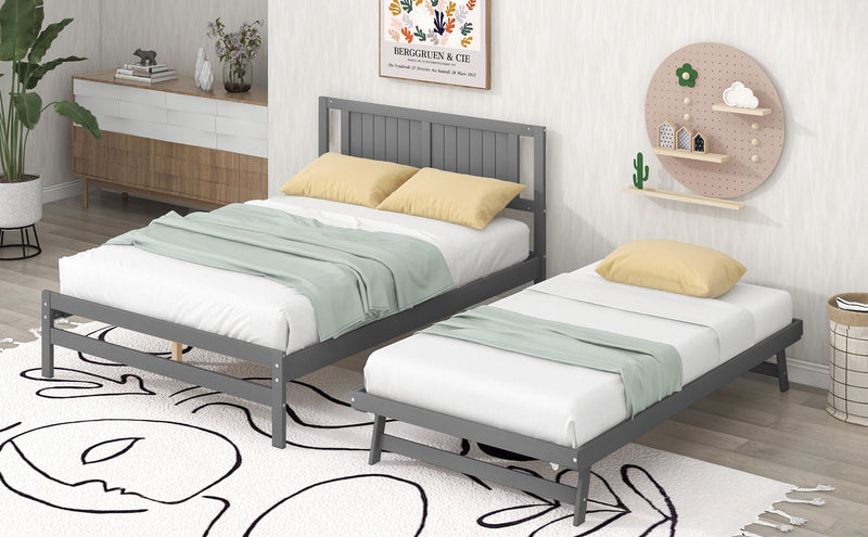 Full Size Platform Bed With Adjustable Trundle, Gray