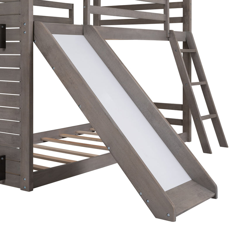 Twin Over Twin Bunk Bed Wood Bed With Roof, Window, Slide, Ladder, Antique Gray