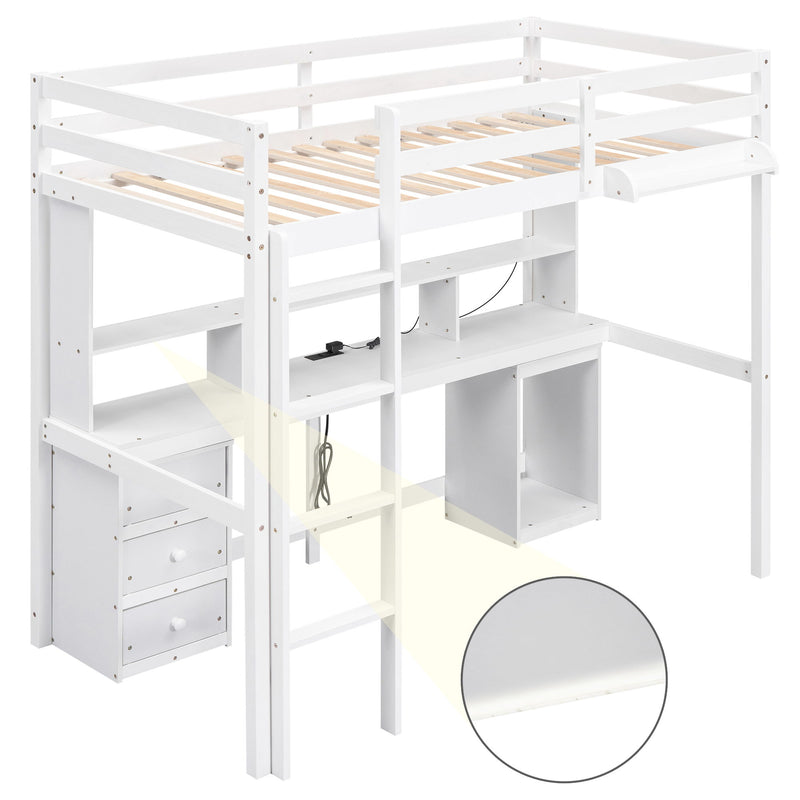 Twin Size Loft Bed With Multi-Storage Desk, Led Light And Bedside Tray, Charging Station, White