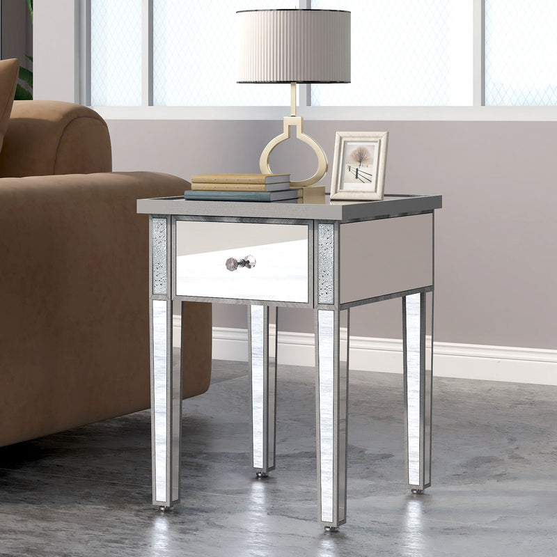 On-Trend Modern Glass Mirrored End Table With Drawer, Corner Table With Crystal Handles And Adjustable Height Legs For Living Room, Silver