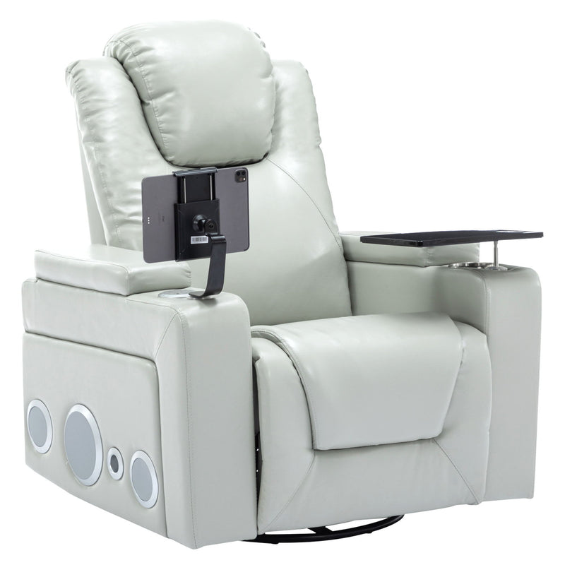 270 Degree Swivel PU Leather Power Recliner Individual Seat Home Theater Recliner With Surround Sound, Cup Holder, Removable Tray Table, Hidden Arm Storage For Living Room, Grey