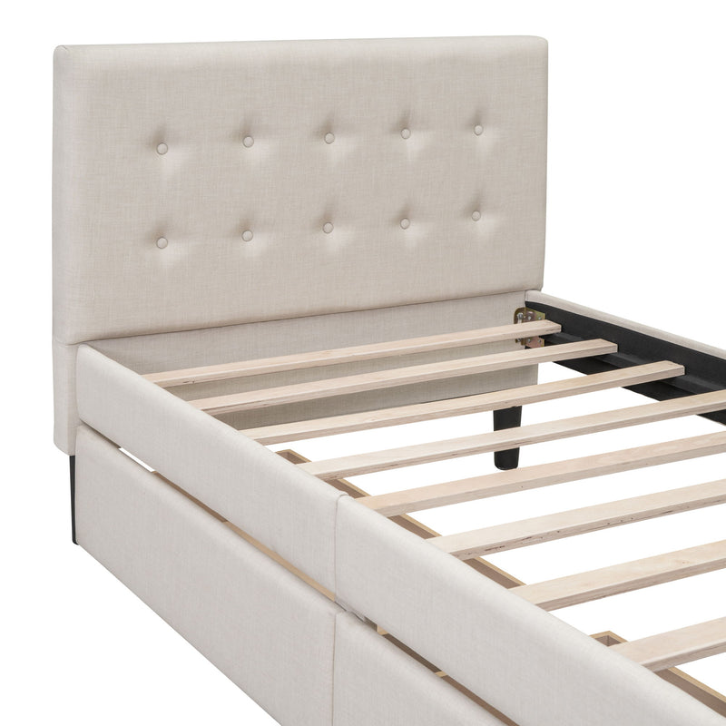Twin Size Upholstered Platform Bed With 2 Drawers, Beige