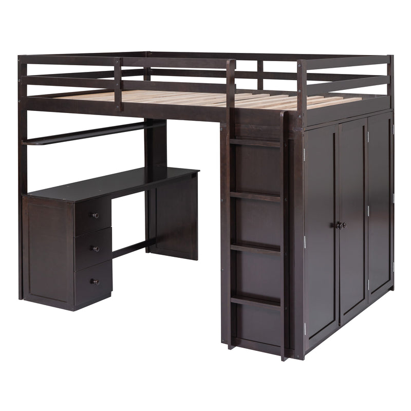 Full Size Loft Bed With Drawers, Desk, And Wardrobe-Espresso