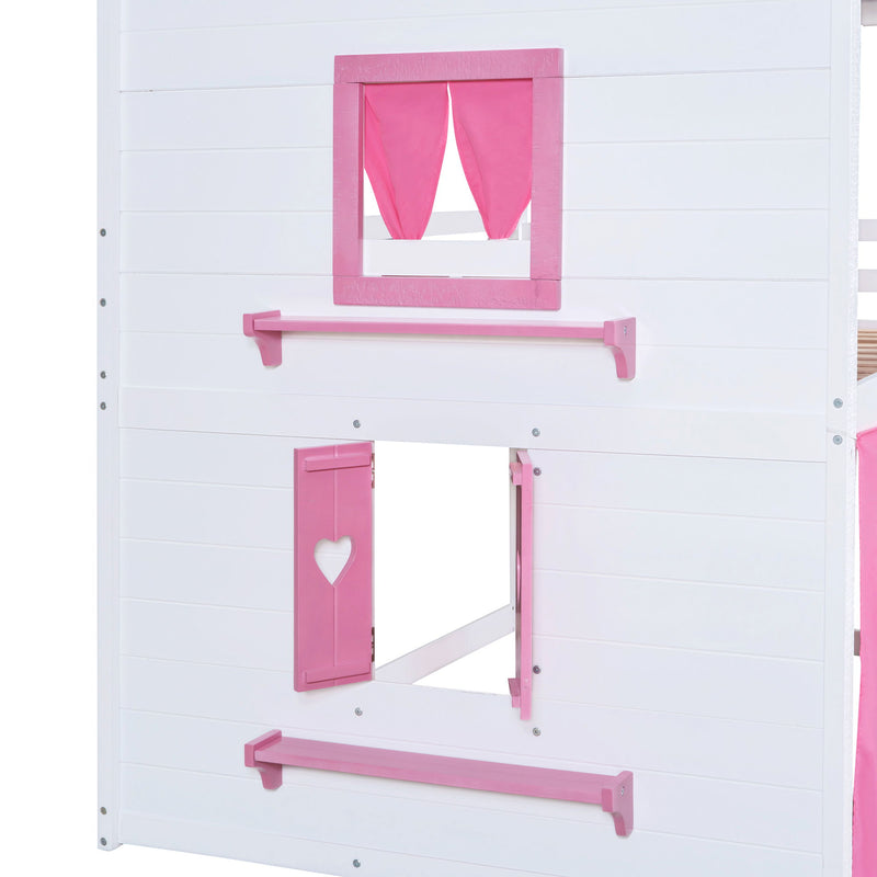 Full Size Bunk Wood House Bed With Elegant Windows, Sills And Tent, Pink / White