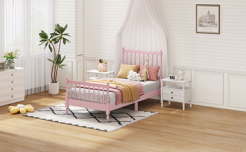3 Pieces Bedroom Sets Twin Size Wood Platform Bed With Gourd Shaped Headboard And Footboard With 2 Nightstands, Pink