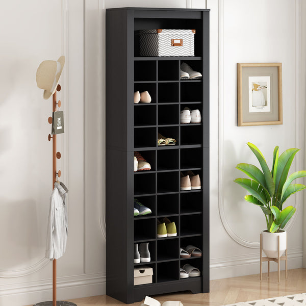 On-Trend Stylish Design 30 Shoe Cubby Console, Contemporary Shoe Cabinet With Multiple Storage Capacity, Free Standing Tall Cabinet With Versatile Use For Hallway, Bedroom, Black