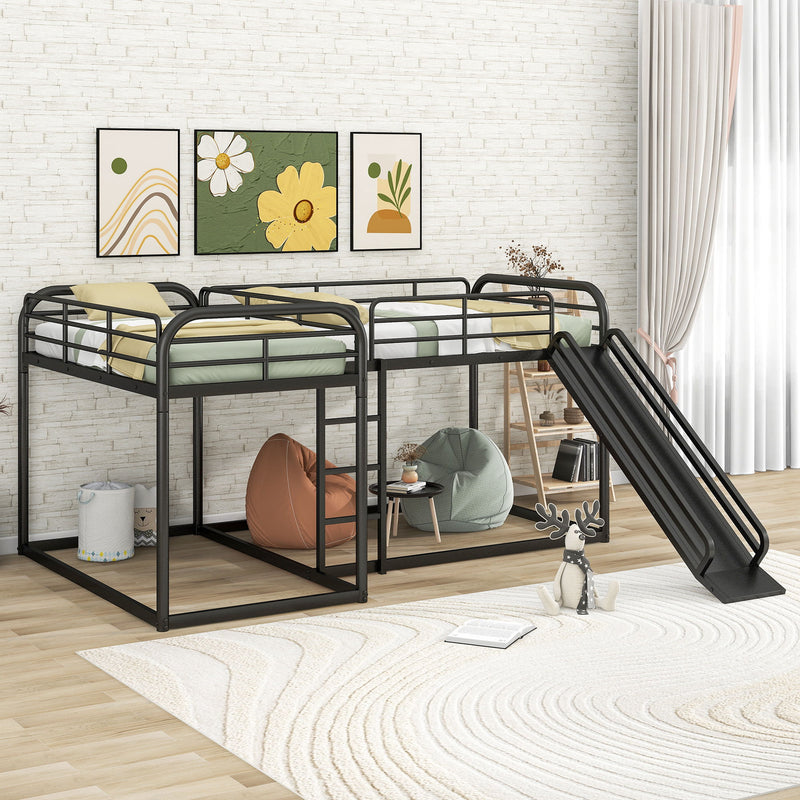 Full And Twin Size L-Shaped Bunk Bed With Slide And Short Ladder, Black