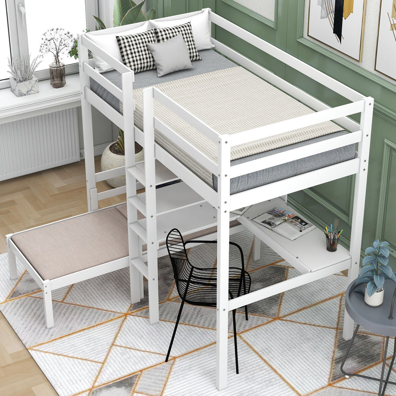 Convertible Loft Bed With L - Shape Desk, Twin Bunk Bed With Shelves And Ladder, White