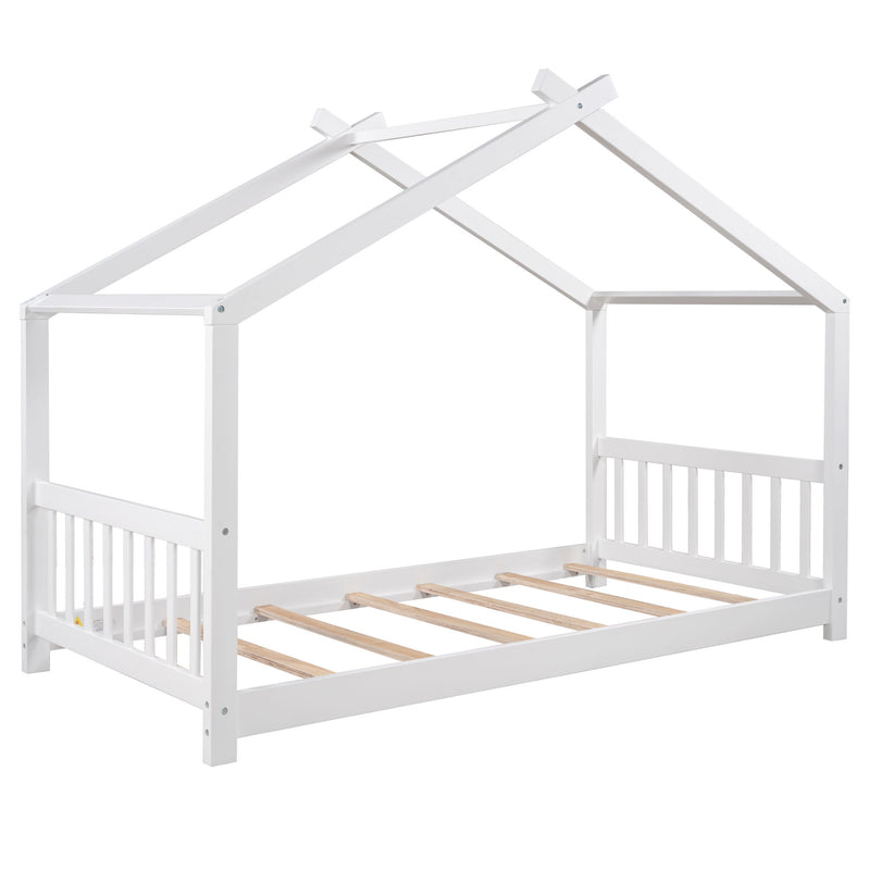 Twin Size House Platform Bed With Headboard And Footboard, Roof Design, White