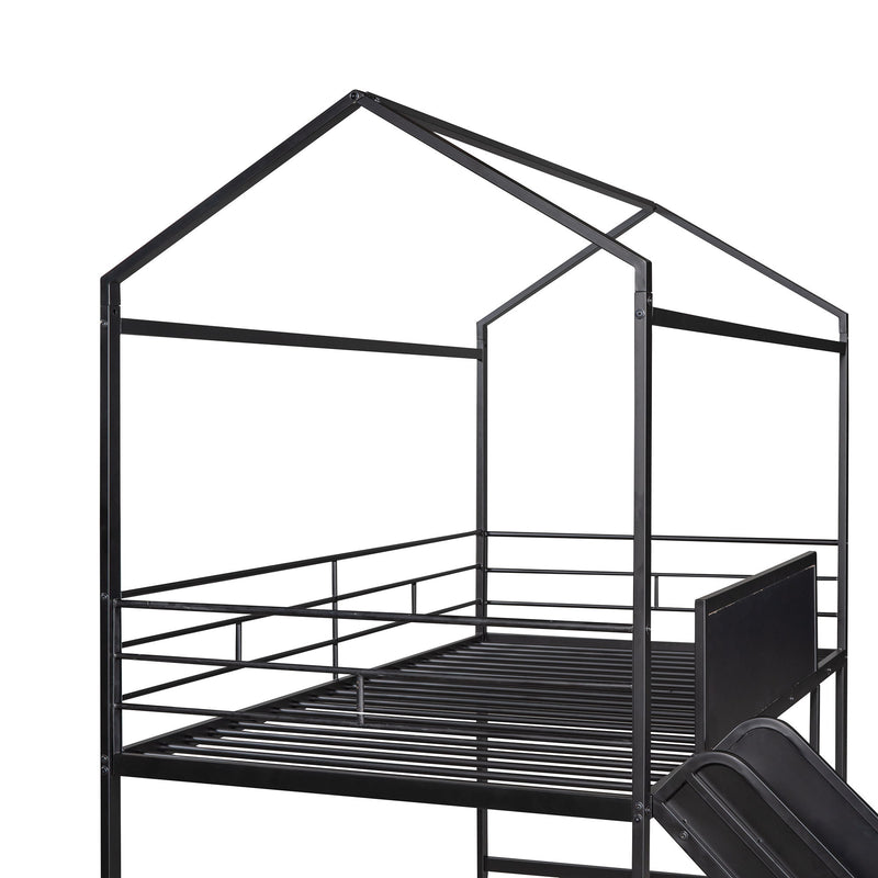 Metal House Bed With Slide, Twin Size Metal Loft Bed With Two - Sided Writable Wooden Board (Black )