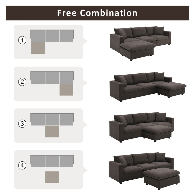 Modern Sectional Sofa, L-Shaped Couch Set With 2 Free Pillows, 4 - Seat Polyester Fabric Couch Set With Convertible Ottoman For Living Room, Apartment, Office