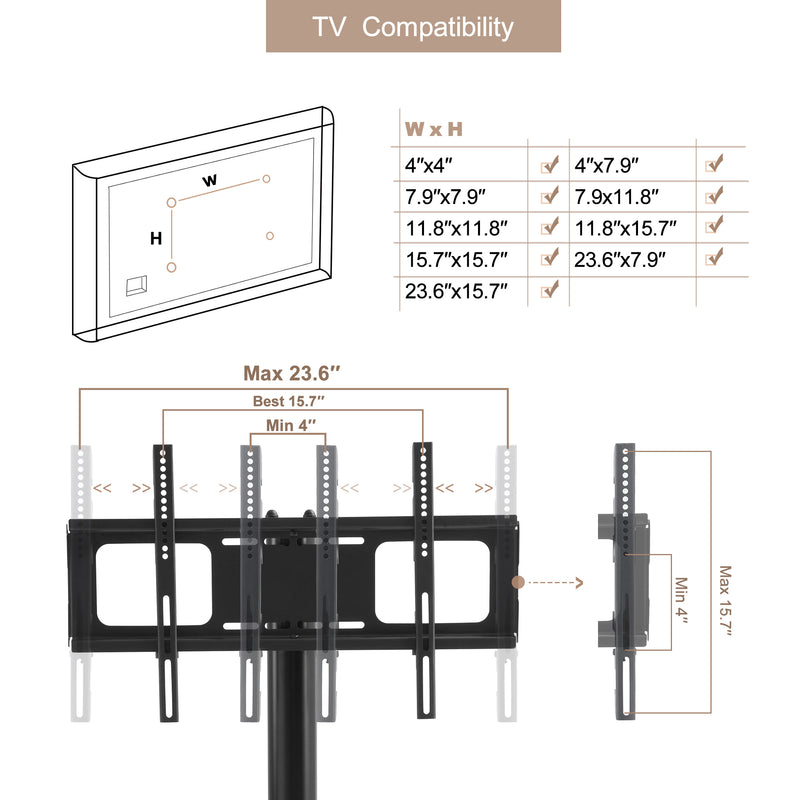 Height and Angle Adjustable Multi-Function Tempered Glass Metal Frame Floor With Lockable Wheels Mobile TV Stand, LCD/Plasma TV bracket  2 Tier Tempered Glass Shelves For Multiple Media Devices - Atlantic Fine Furniture Inc