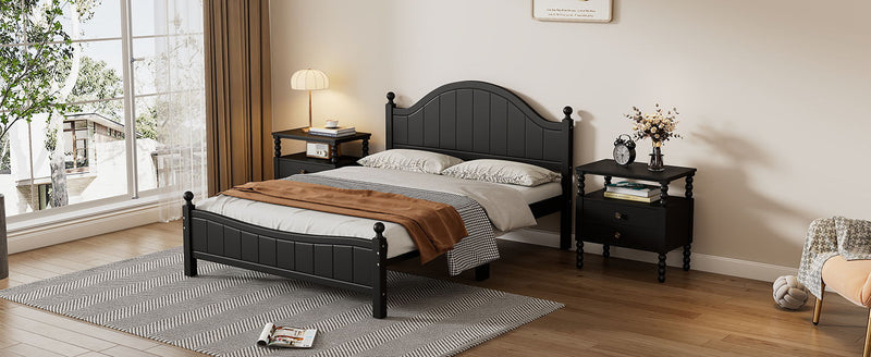 3 Pieces Bedroom Sets Traditional Concise Style Black Solid Wood Platform Bed With 2 Nightstands, No Need Box Spring, Queen