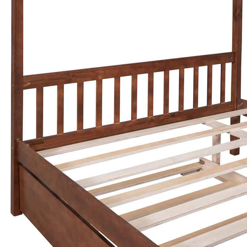 Full Size Wooden House Bed With Twin Size Trundle - Walnut