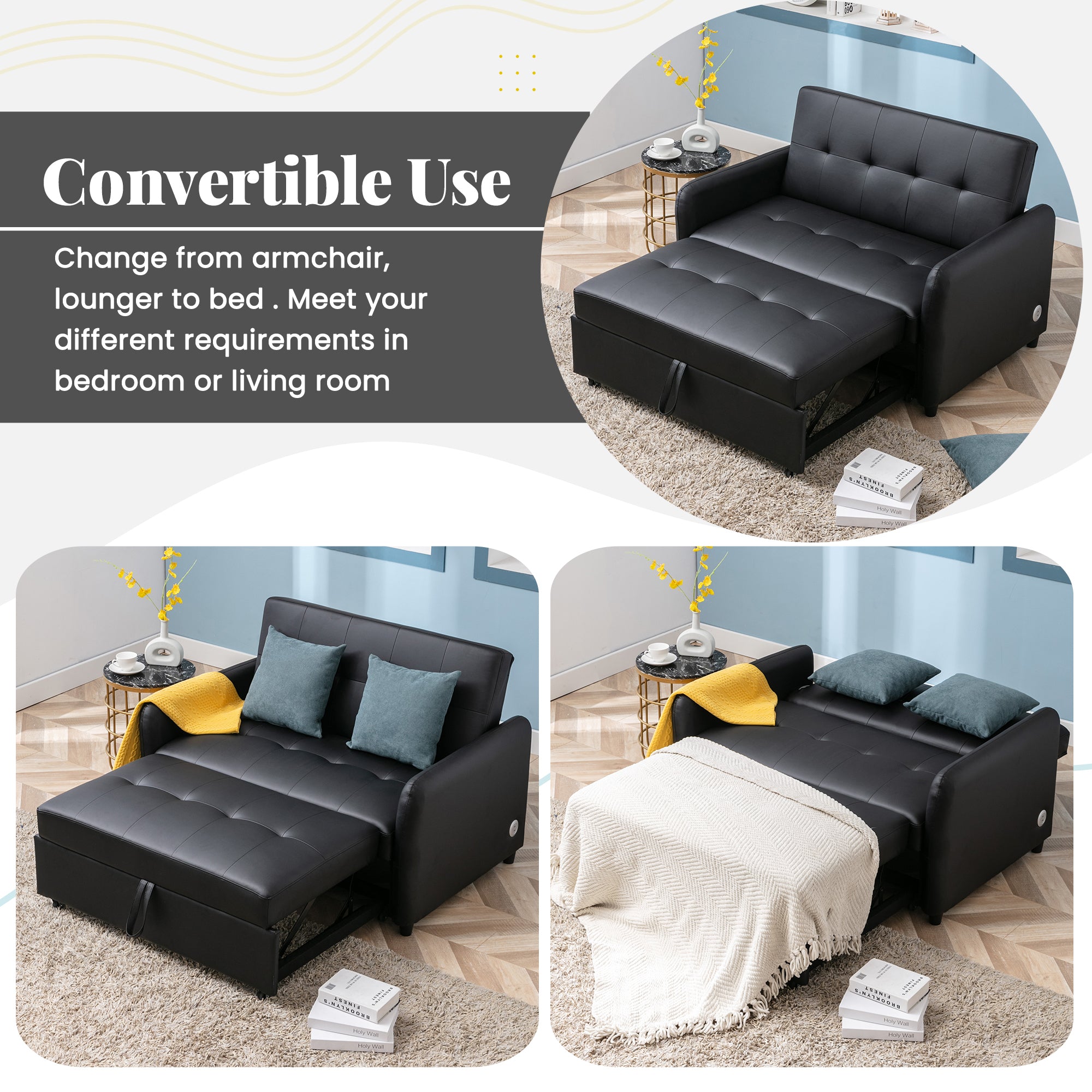 Orisfur. 51" Convertible Sleeper Bed, Adjustable Oversized Armchair  with Dual USB Ports for Small Space - Atlantic Fine Furniture Inc