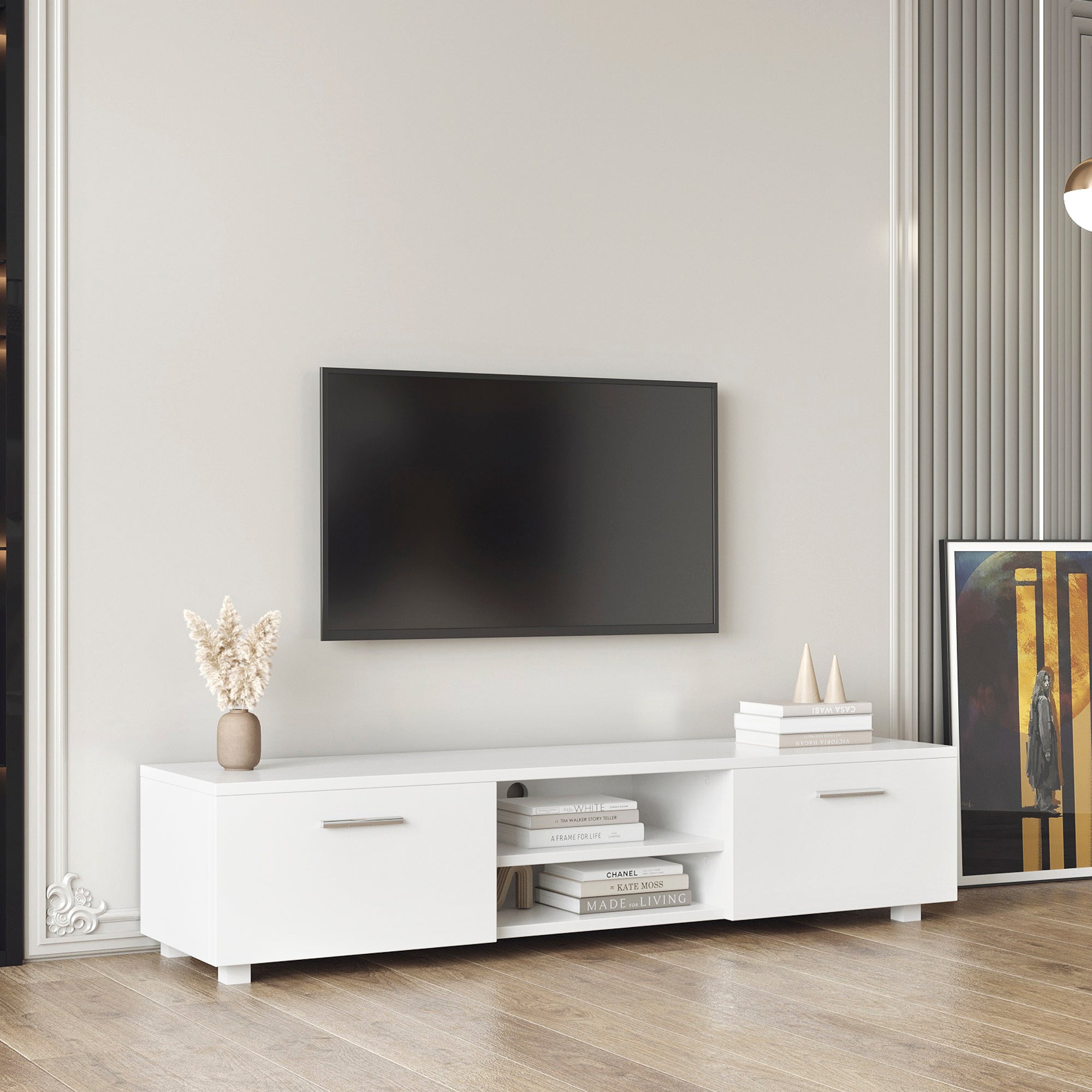 White TV Stand for 70 Inch TV Stands, Media Console Entertainment Center Television Table, 2 Storage Cabinet with Open Shelves for Living Room Bedroom - Atlantic Fine Furniture Inc