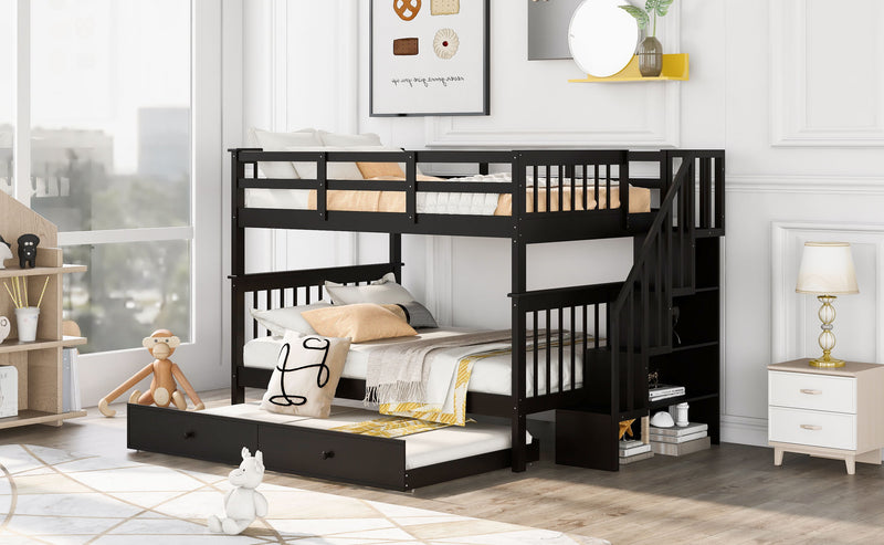 Stairway Full Over Full Bunk Bed With Twin Size Trundle, Storage And Guard Rail For Bedroom, Dorm Espresso