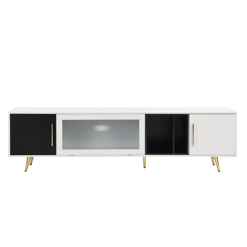 On-Trend Stylish TV Stand With Golden Metal Handles & Legs, Two-Tone Media Console For Tvs Up To 80", Fluted Glass Door TV Cabinet With Removable Compartment For Living Room, White