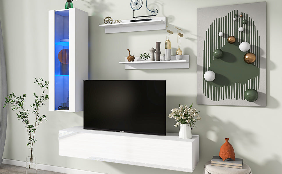 ON-TREND 4-Piece Wall Mount Floating TV Stand with See-through Media Storage Cabinet, Modern High Gloss Entertainment Center up to 70+ Inch TV, RGB Lights for Living Room, Home Theater, White - Atlantic Fine Furniture Inc