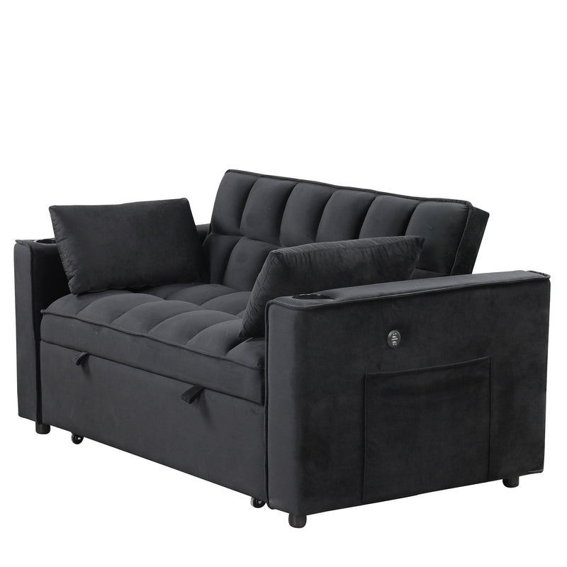 55.3" 4-1 Multi-Functional Sofa Bed With Cup Holder And Usb Port For Living Room Or Apartments Black
