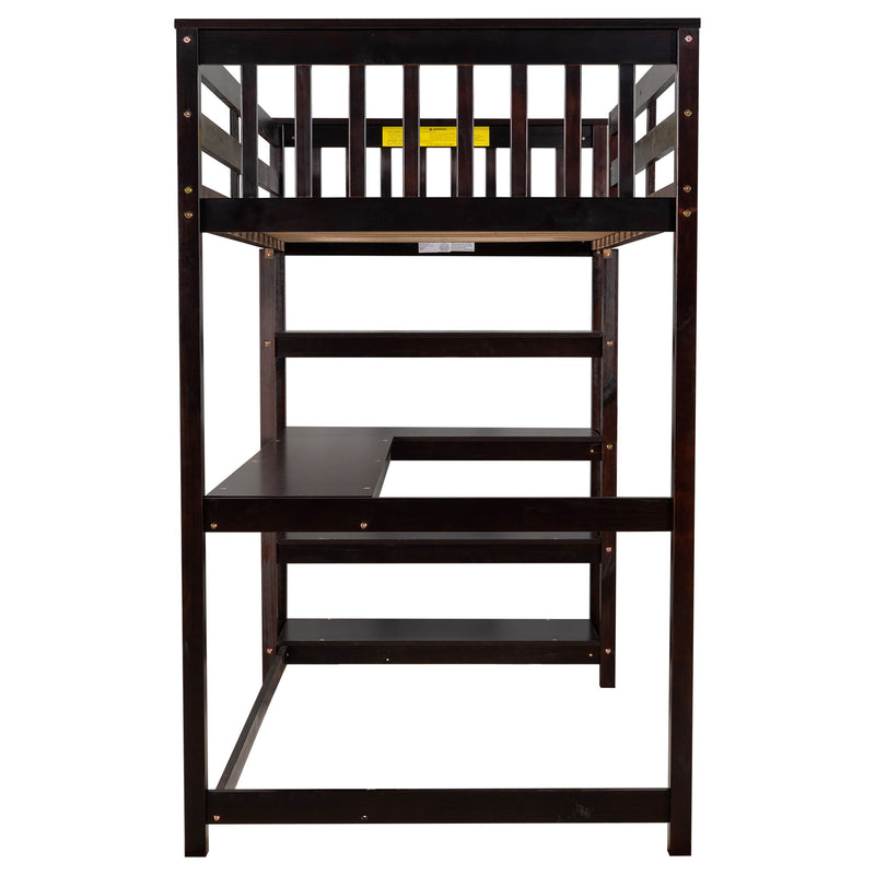 Twin Size Loft Bed With Storage Shelves And Under - Bed Desk, Espresso