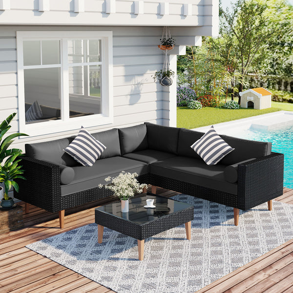 Go 4 Pieces Outdoor Wicker Sofa Set, Patio Furniture With Colorful Pillows, L-Shape Sofa Set, Gray Cushions And Black Rattan