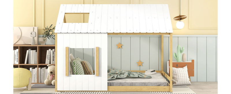 Full Size House Bed With Roof And Window - White / Natural